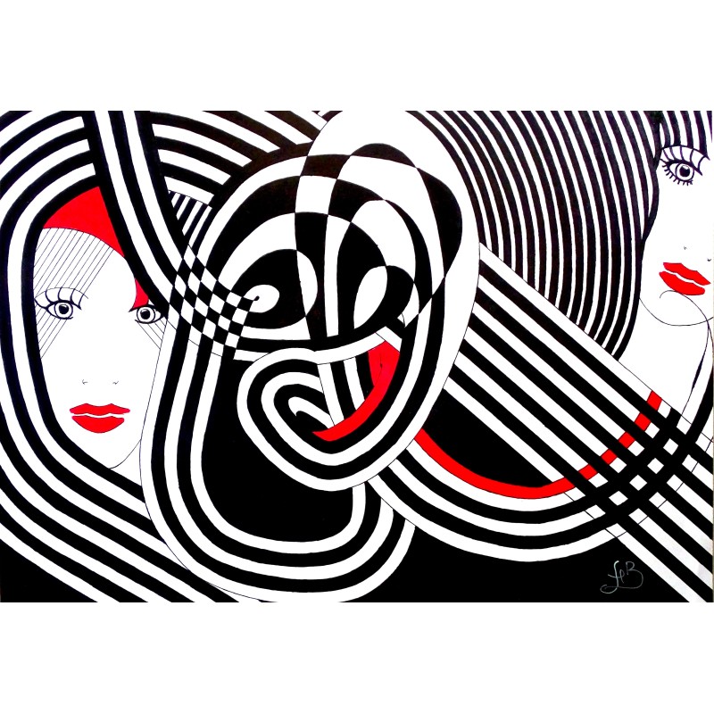 Tableau abstrait contemporain rouge & noir 2 visages femmes - Prudentia