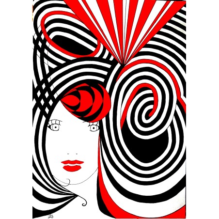 Tableau art abstrait moderne rouge & noir visage femme - Sarasvati