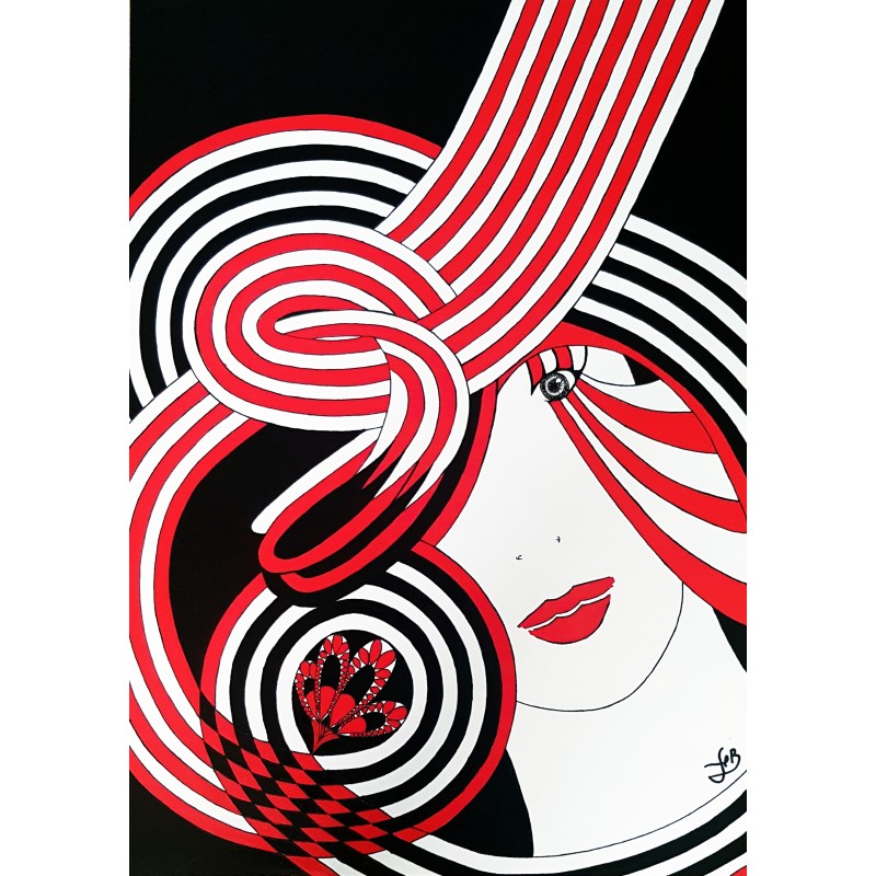 Tableau visage femme abstrait rouge & noir moderne - Snotra