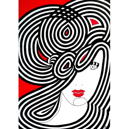 Tableau moderne abstrait rouge & noir visage femme - Ariane
