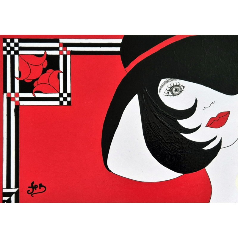 Tableau abstrait art déco rouge & noir visage femme - Visage au chapeau noir