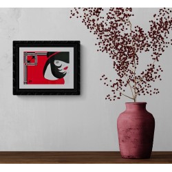 Tableau abstrait art déco rouge & noir visage femme - Visage au chapeau noir