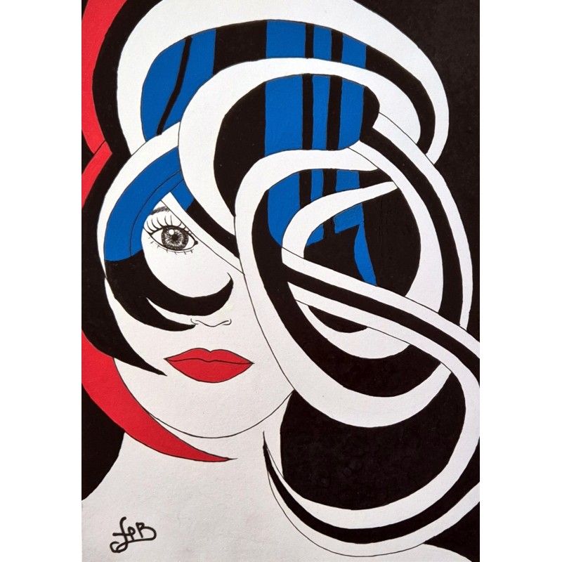 Tableau petit format moderne noir & bleu & rouge visage femme abstrait - Ego