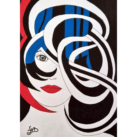 Tableau petit format moderne noir & bleu & rouge visage femme abstrait - Ego