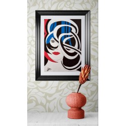 Tableau petit format moderne noir & bleu & rouge visage femme abstrait - Ego