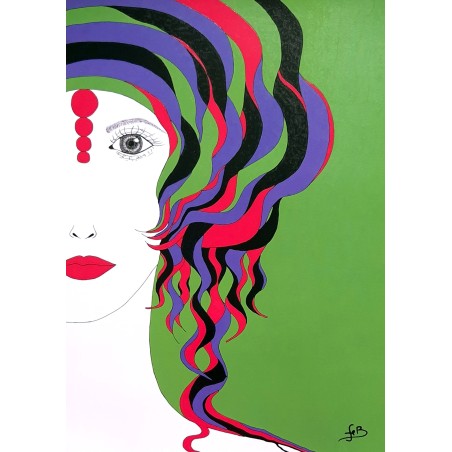 Tableau abstrait coloré visage féminin "Femme aux pensées chromatiques"