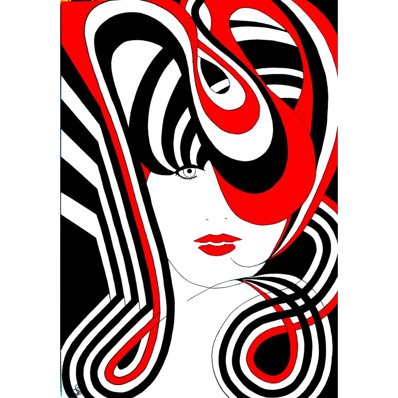 Tableau abstrait rouge & noir visage femme pop art - Diane