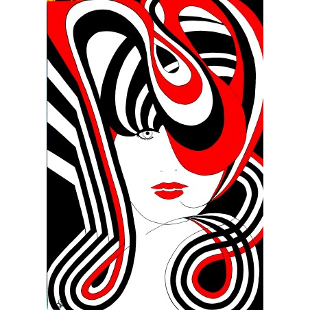 Tableau abstrait rouge & noir visage femme pop art - Diane