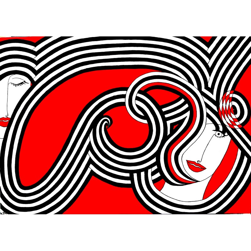 Tableau design art abstrait rouge 2 visages femmes - Duas Facies 7