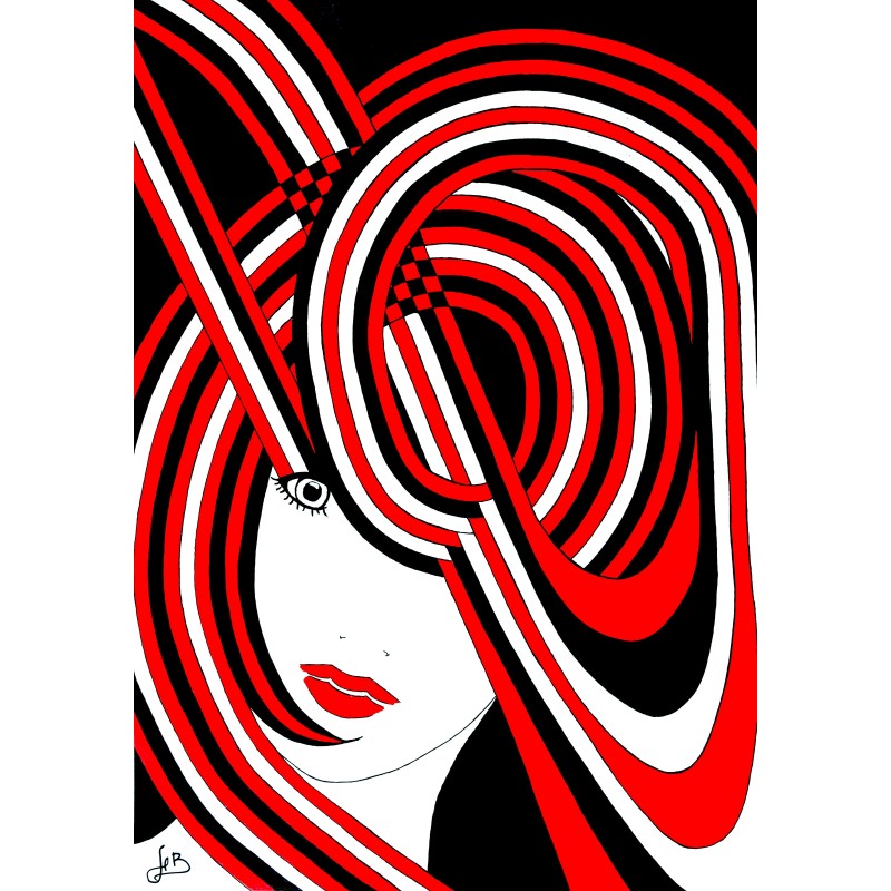Tableau design visage femme abstrait rouge & noir - Idunn