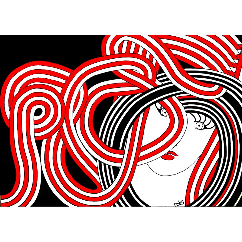 Tableau portrait femme abstrait moderne rouge & noir - Ino