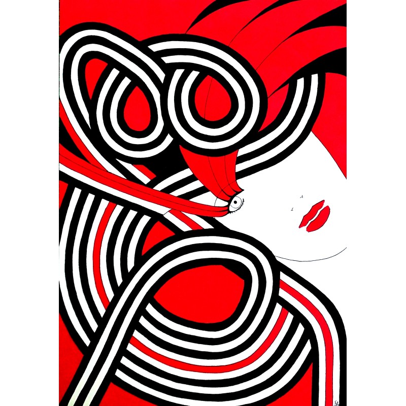 Tableau art abstrait moderne rouge & noir visage femme - Junon