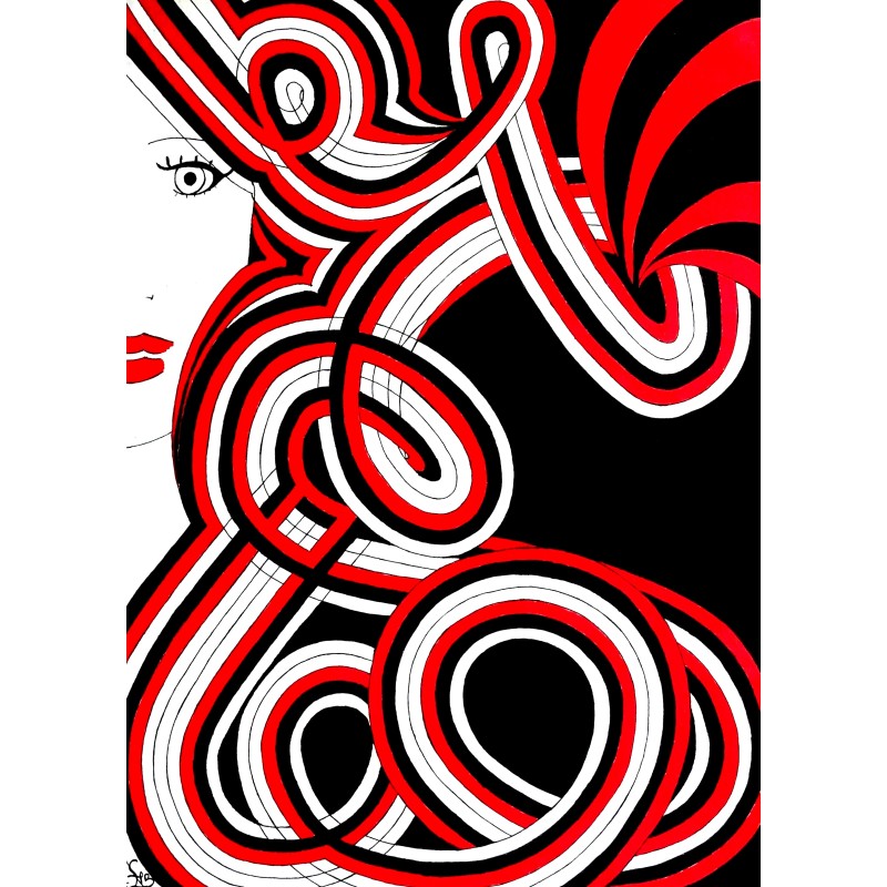 Tableau design rouge & noir visage femme abstrait - Naïade