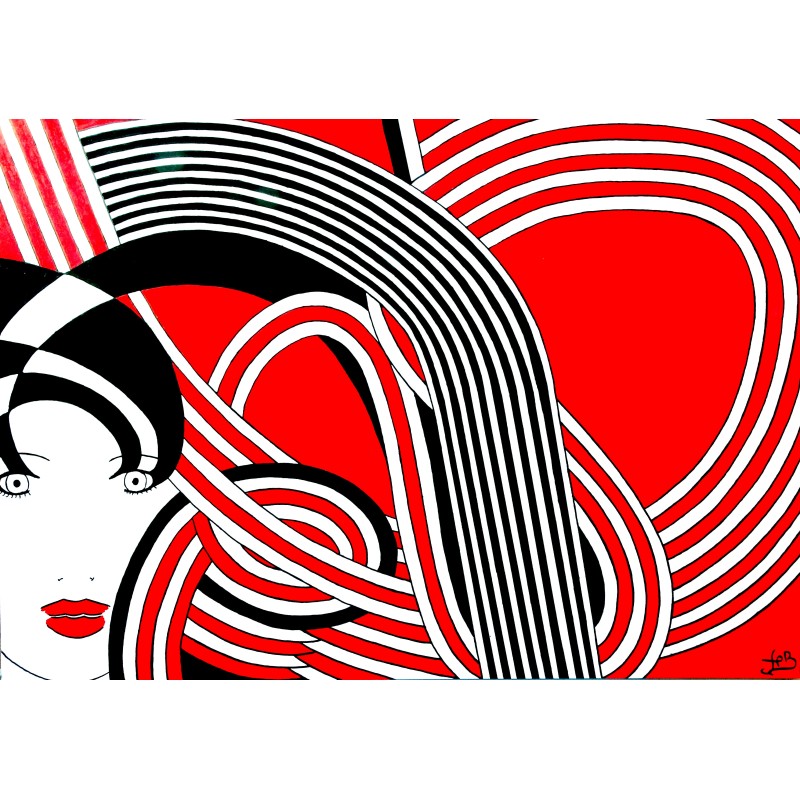 Tableau moderne rouge & noir visage femme abstrait - Phébé